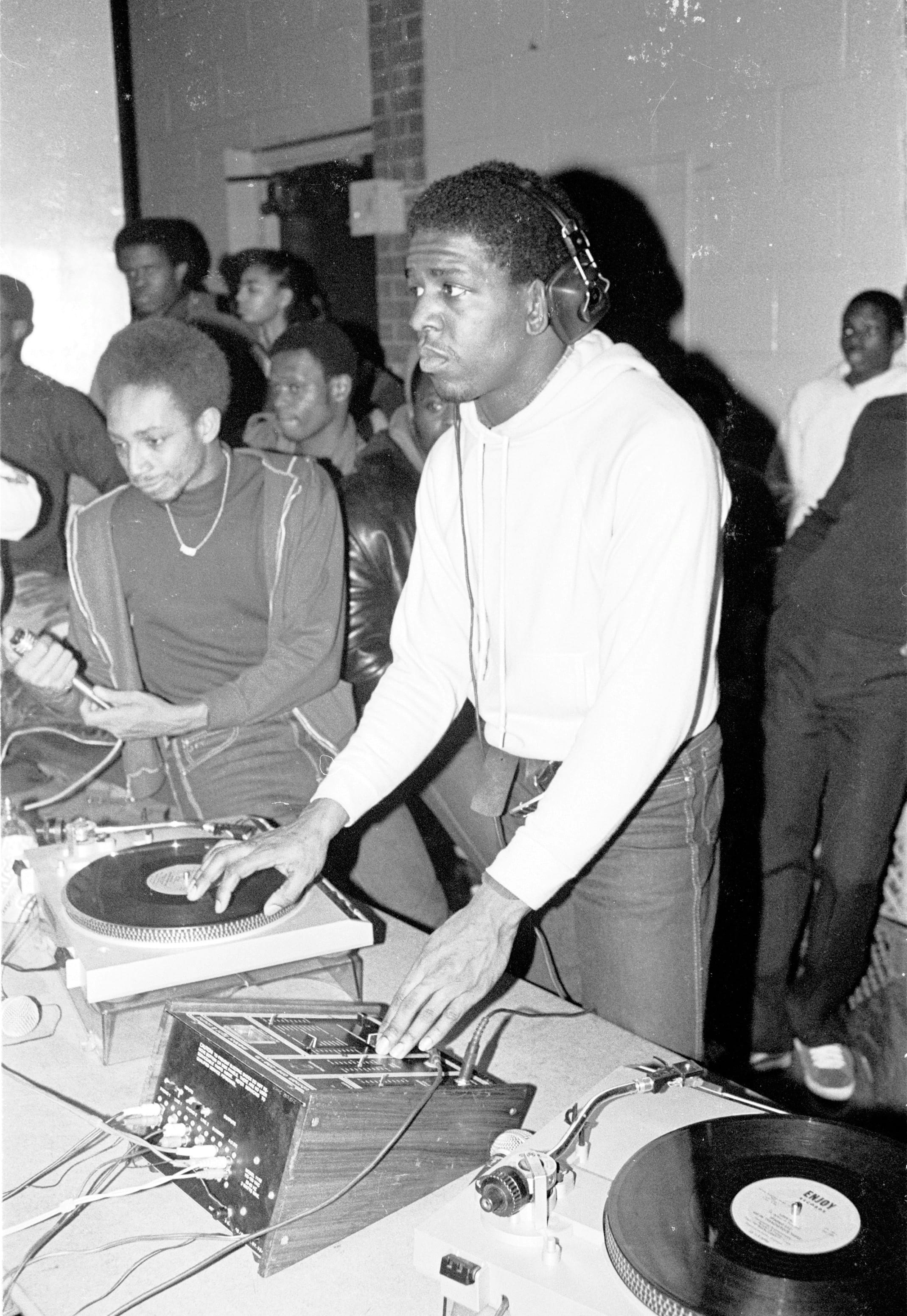 Red Alert and DJ Tony Tone at the Zulu Nation Aniversary at Bronx River Projects in the Bronx, circa 1980–’81 %Joe Conzo%